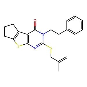 2-((2-methylallyl)thio)-3-phenethyl-6,7-dihydro-3H-cyclopenta[4,5]thieno[2,3-d]pyrimidin-4(5H)-one structure