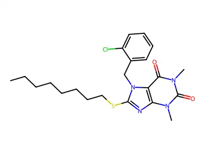 7-[(2-chlorophenyl)methyl]-1,3-dimethyl-8-(octylsulfanyl)-2,3,6,7-tetrahydro-1H-purine-2,6-dione structure