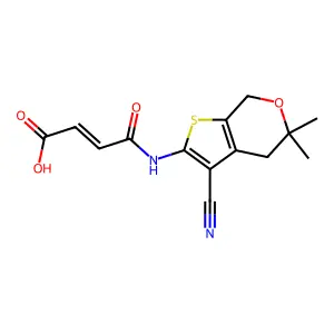 (E)-4-[(3-cyano-5,5-dimethyl-4,7-dihydrothieno[2,3-c]pyran-2-yl)amino]-4-oxobut-2-enoic acid structure