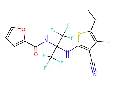 N-[2-[(3-cyano-5-ethyl-4-methylthiophen-2-yl)amino]-1,1,1,3,3,3-hexafluoropropan-2-yl]furan-2-carboxamide structure