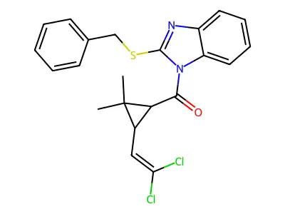 2-(benzylthio)-1-{[3-(2,2-dichlorovinyl)-2,2-dimethylcyclopropyl]carbonyl}-1H-benzimidazole structure
