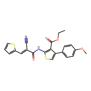 (E)-ethyl 2-(2-cyano-3-(thiophen-2-yl)acrylamido)-4-(4-methoxyphenyl)thiophene-3-carboxylate structure