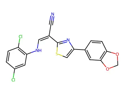 (Z)-2-[4-(1,3-benzodioxol-5-yl)-1,3-thiazol-2-yl]-3-(2,5-dichloroanilino)prop-2-enenitrile structure