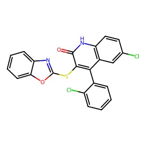 3-(1,3-benzoxazol-2-ylsulfanyl)-6-chloro-4-(2-chlorophenyl)quinolin-2(1H)-one structure