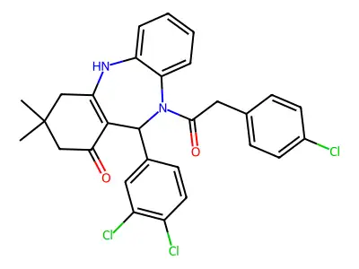 10-[(4-chlorophenyl)acetyl]-11-(3,4-dichlorophenyl)-3,3-dimethyl-2,3,4,5,10,11-hexahydro-1H-dibenzo[b,e][1,4]diazepin-1-one structure