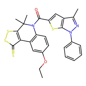 (8-ethoxy-4,4-dimethyl-1-thioxo-1,4-dihydro-5H-[1,2]dithiolo[3,4-c]quinolin-5-yl)(3-methyl-1-phenyl-1H-thieno[2,3-c]pyrazol-5-yl)methanone structure