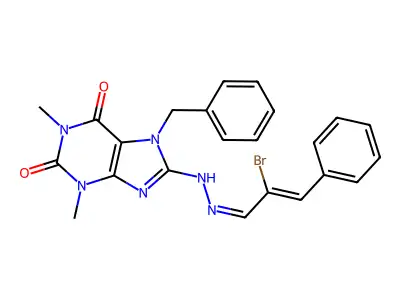 7-benzyl-8-[(2Z)-2-[(Z)-2-bromo-3-phenylprop-2-enylidene]hydrazinyl]-1,3-dimethylpurine-2,6-dione structure
