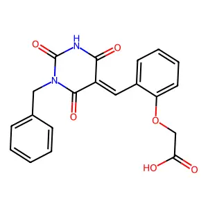 2-[2-[(Z)-(1-benzyl-2,4,6-trioxo-1,3-diazinan-5-ylidene)methyl]phenoxy]acetic acid structure