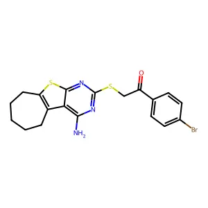 2-((4-amino-6,7,8,9-tetrahydro-5H-cyclohepta[4,5]thieno[2,3-d]pyrimidin-2-yl)thio)-1-(4-bromophenyl)ethanone structure
