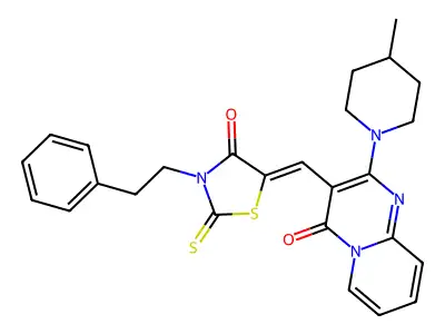 2-(4-methylpiperidin-1-yl)-3-{(Z)-[4-oxo-3-(2-phenylethyl)-2-thioxo-1,3-thiazolidin-5-ylidene]methyl}-4H-pyrido[1,2-a]pyrimidin-4-one structure