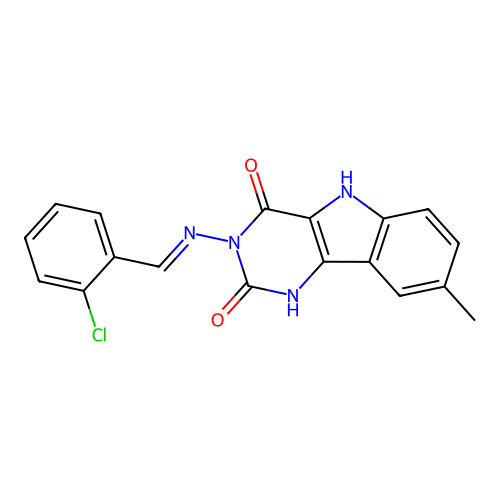 (E)-3-((2-chlorobenzylidene)amino)-8-methyl-1H-pyrimido[5,4-b]indole-2,4(3H,5H)-dione structure