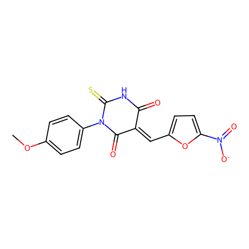 1-(4-methoxyphenyl)-5-((5-nitrofuran-2-yl)methylene)-2-thioxodihydropyrimidine-4,6(1H,5H)-dione structure