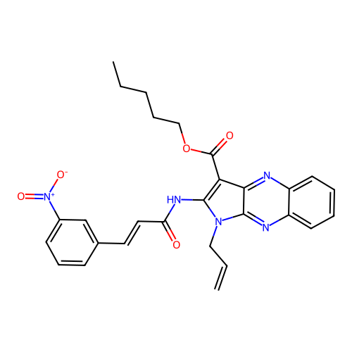 (E)-pentyl 1-allyl-2-(3-(3-nitrophenyl)acrylamido)-1H-pyrrolo[2,3-b]quinoxaline-3-carboxylate structure