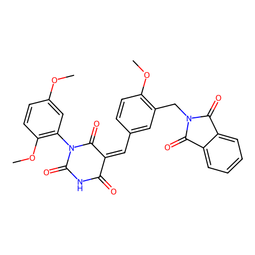 (5Z)-1-(2,5-dimethoxyphenyl)-5-[[3-[(1,3-dioxoisoindol-2-yl)methyl]-4-methoxyphenyl]methylidene]-1,3-diazinane-2,4,6-trione structure