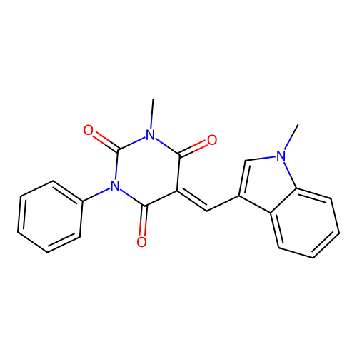 (5E)-1-methyl-5-[(1-methylindol-3-yl)methylidene]-3-phenyl-1,3-diazinane-2,4,6-trione structure