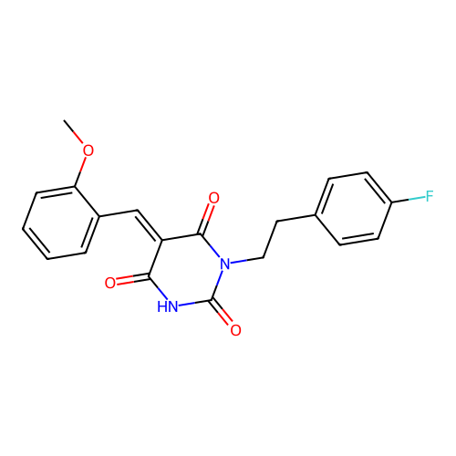 (E)-1-(4-fluorophenethyl)-5-(2-methoxybenzylidene)pyrimidine-2,4,6(1H,3H,5H)-trione structure
