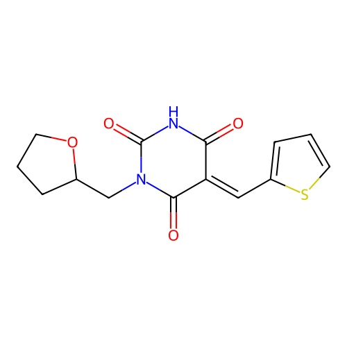 (5E)-1-(oxolan-2-ylmethyl)-5-(thiophen-2-ylmethylidene)-1,3-diazinane-2,4,6-trione structure
