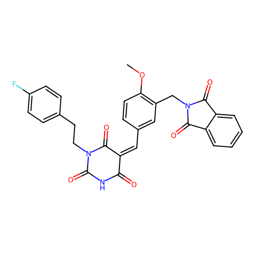 (5Z)-5-[[3-[(1,3-dioxoisoindol-2-yl)methyl]-4-methoxyphenyl]methylidene]-1-[2-(4-fluorophenyl)ethyl]-1,3-diazinane-2,4,6-trione structure