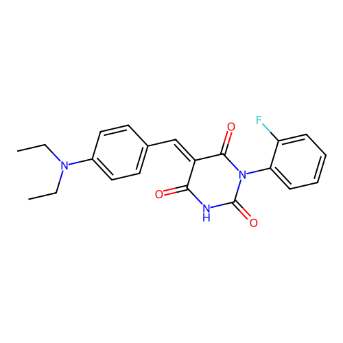 (E)-5-(4-(diethylamino)benzylidene)-1-(2-fluorophenyl)pyrimidine-2,4,6(1H,3H,5H)-trione structure