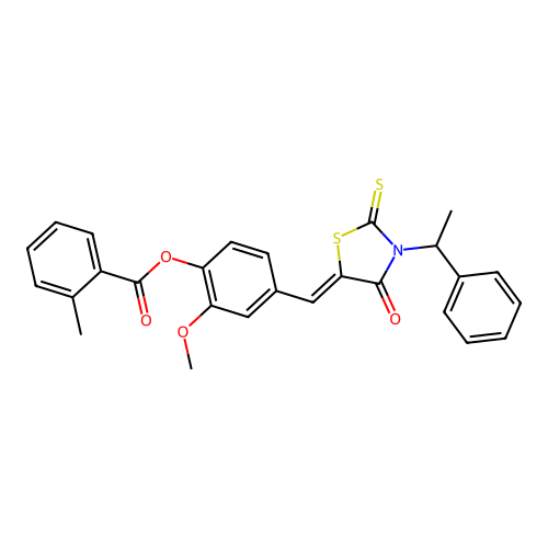 2-methoxy-4-{(Z)-[4-oxo-3-(1-phenylethyl)-2-thioxo-1,3-thiazolidin-5-ylidene]methyl}phenyl 2-methylbenzoate structure