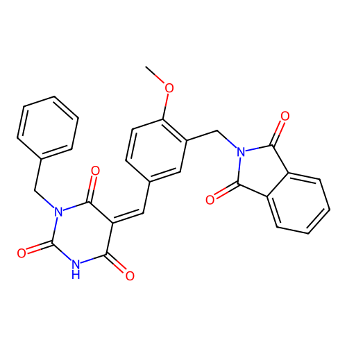 (5Z)-1-benzyl-5-[[3-[(1,3-dioxoisoindol-2-yl)methyl]-4-methoxyphenyl]methylidene]-1,3-diazinane-2,4,6-trione structure