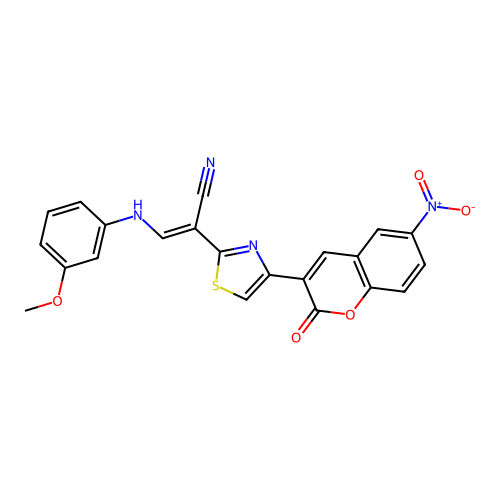 (2E)-3-[(3-methoxyphenyl)amino]-2-[4-(6-nitro-2-oxo-2H-chromen-3-yl)-1,3-thiazol-2-yl]prop-2-enenitrile structure