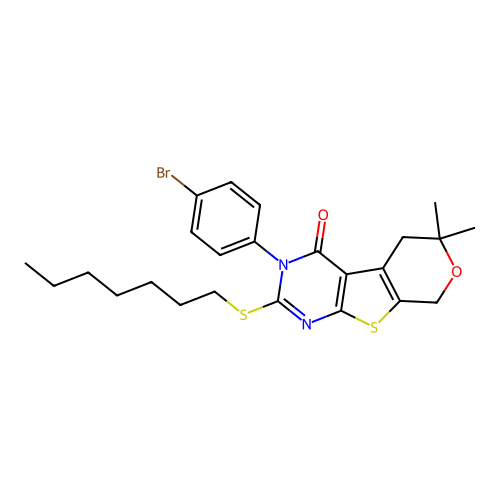 3-(4-bromophenyl)-2-(heptylsulfanyl)-6,6-dimethyl-3,5,6,8-tetrahydro-4H-pyrano[4',3':4,5]thieno[2,3-d]pyrimidin-4-one structure