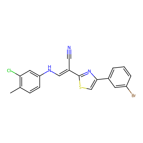 (E)-2-(4-(3-bromophenyl)thiazol-2-yl)-3-((3-chloro-4-methylphenyl)amino)acrylonitrile structure