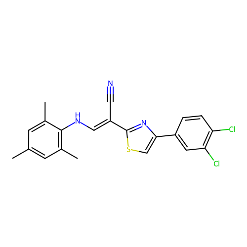 (E)-2-(4-(3,4-dichlorophenyl)thiazol-2-yl)-3-(mesitylamino)acrylonitrile structure