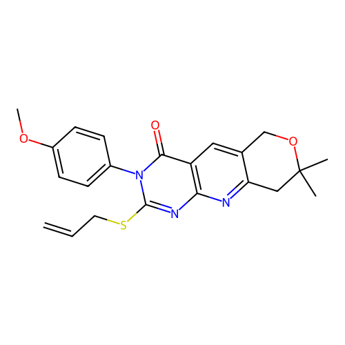 2-(allylthio)-3-(4-methoxyphenyl)-8,8-dimethyl-8,9-dihydro-3H-pyrano[3',4':5,6]pyrido[2,3-d]pyrimidin-4(6H)-one structure
