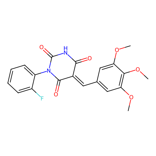 (E)-1-(2-fluorophenyl)-5-(3,4,5-trimethoxybenzylidene)pyrimidine-2,4,6(1H,3H,5H)-trione structure