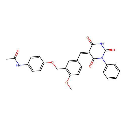 (Z)-N-(4-((2-methoxy-5-((2,4,6-trioxo-1-phenyltetrahydropyrimidin-5(2H)-ylidene)methyl)benzyl)oxy)phenyl)acetamide structure