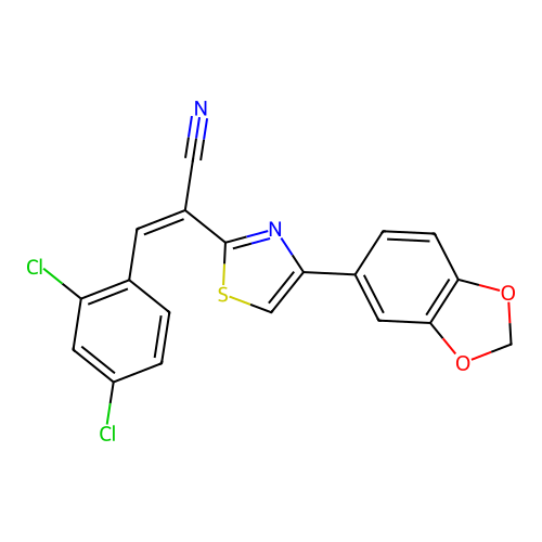 (Z)-2-(4-(benzo[d][1,3]dioxol-5-yl)thiazol-2-yl)-3-(2,4-dichlorophenyl)acrylonitrile structure