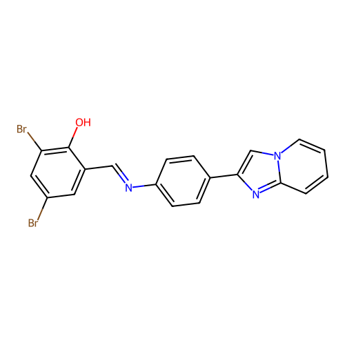 2,4-dibromo-6-[(E)-{[4-(imidazo[1,2-a]pyridin-2-yl)phenyl]imino}methyl]phenol structure