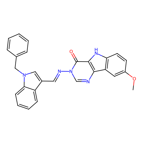 3-[(E)-(1-benzylindol-3-yl)methylideneamino]-8-methoxy-5H-pyrimido[5,4-b]indol-4-one structure