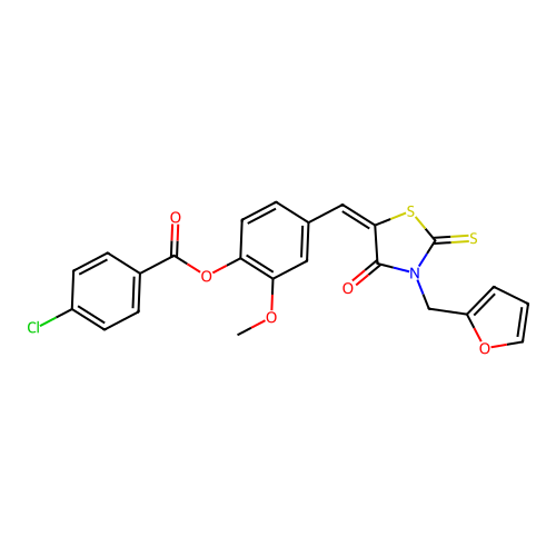 (E)-4-((3-(furan-2-ylmethyl)-4-oxo-2-thioxothiazolidin-5-ylidene)methyl)-2-methoxyphenyl 4-chlorobenzoate structure
