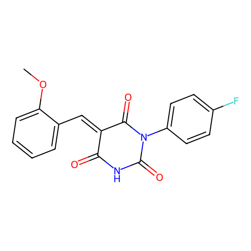 (E)-1-(4-fluorophenyl)-5-(2-methoxybenzylidene)pyrimidine-2,4,6(1H,3H,5H)-trione structure