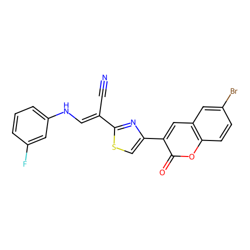 (2E)-2-[4-(6-bromo-2-oxo-2H-chromen-3-yl)-1,3-thiazol-2-yl]-3-[(3-fluorophenyl)amino]prop-2-enenitrile structure