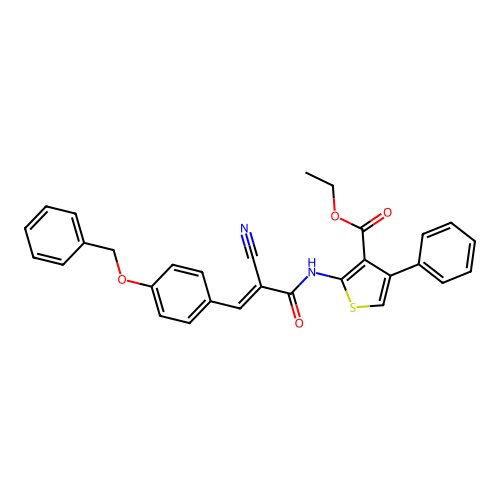 (E)-ethyl 2-(3-(4-(benzyloxy)phenyl)-2-cyanoacrylamido)-4-phenylthiophene-3-carboxylate structure