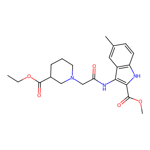 methyl 3-(2-(3-(ethoxycarbonyl)piperidin-1-yl)acetamido)-5-methyl-1H-indole-2-carboxylate structure