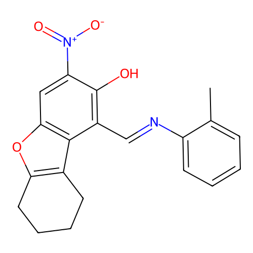 (E)-3-nitro-1-((o-tolylimino)methyl)-6,7,8,9-tetrahydrodibenzo[b,d]furan-2-ol structure