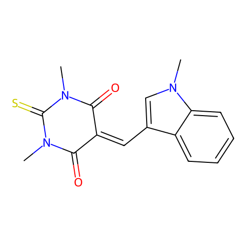 1,3-dimethyl-5-[(1-methyl-1H-indol-3-yl)methylidene]-2-thioxodihydropyrimidine-4,6(1H,5H)-dione structure
