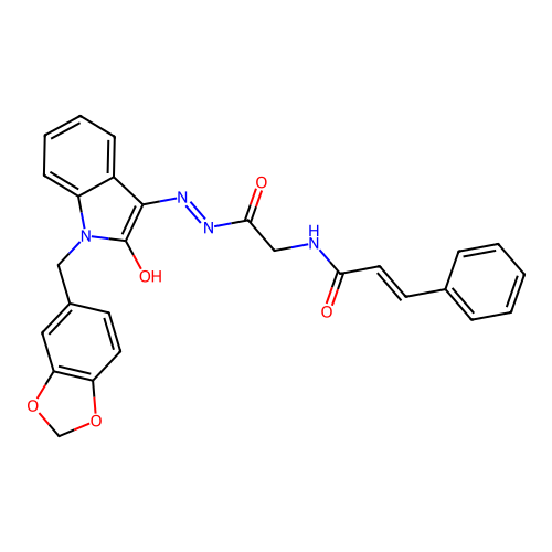 (2E)-N-(2-{(2Z)-2-[1-(1,3-benzodioxol-5-ylmethyl)-2-oxo-1,2-dihydro-3H-indol-3-ylidene]hydrazinyl}-2-oxoethyl)-3-phenylprop-2-enamide (non-preferred name) structure