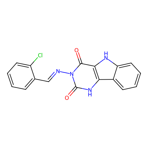 3-{[(E)-(2-chlorophenyl)methylidene]amino}-1H-pyrimido[5,4-b]indole-2,4(3H,5H)-dione structure