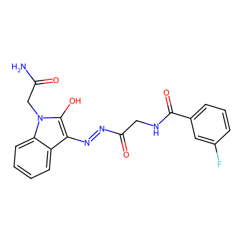 (Z)-N-(2-(2-(1-(2-amino-2-oxoethyl)-2-oxoindolin-3-ylidene)hydrazinyl)-2-oxoethyl)-3-fluorobenzamide structure