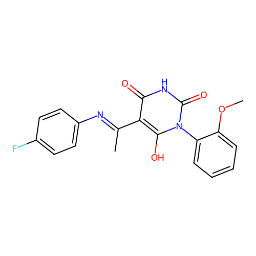 (Z)-5-(1-((4-fluorophenyl)amino)ethylidene)-1-(2-methoxyphenyl)pyrimidine-2,4,6(1H,3H,5H)-trione structure