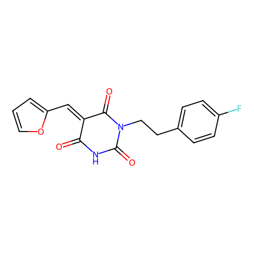 (5E)-1-[2-(4-fluorophenyl)ethyl]-5-(furan-2-ylmethylidene)-1,3-diazinane-2,4,6-trione structure