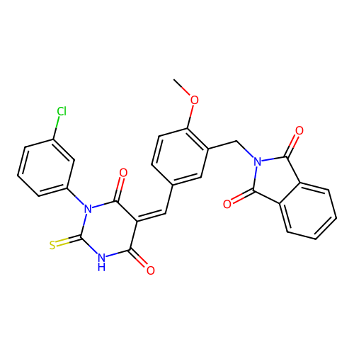 (Z)-2-(5-((1-(3-chlorophenyl)-4,6-dioxo-2-thioxotetrahydropyrimidin-5(2H)-ylidene)methyl)-2-methoxybenzyl)isoindoline-1,3-dione structure