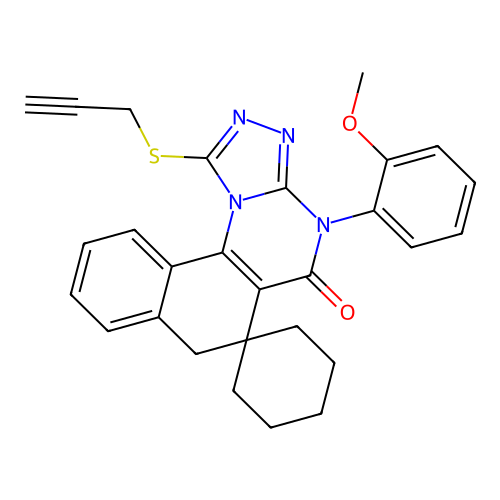 4-(2-methoxyphenyl)-1-(prop-2-yn-1-ylsulfanyl)-4H-spiro[benzo[h][1,2,4]triazolo[4,3-a]quinazoline-6,1'-cyclohexan]-5(7H)-one structure