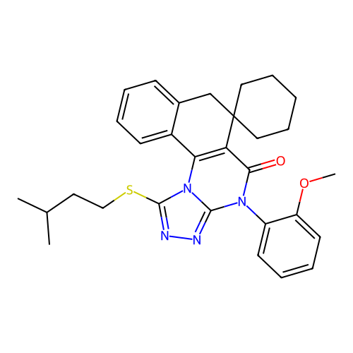 1-(isopentylthio)-4-(2-methoxyphenyl)-4H-spiro[benzo[h][1,2,4]triazolo[4,3-a]quinazoline-6,1'-cyclohexan]-5(7H)-one structure